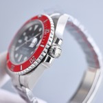 Rolex Submariner series, black dial, red bezel, 41mm, silver Oyster bracelet.